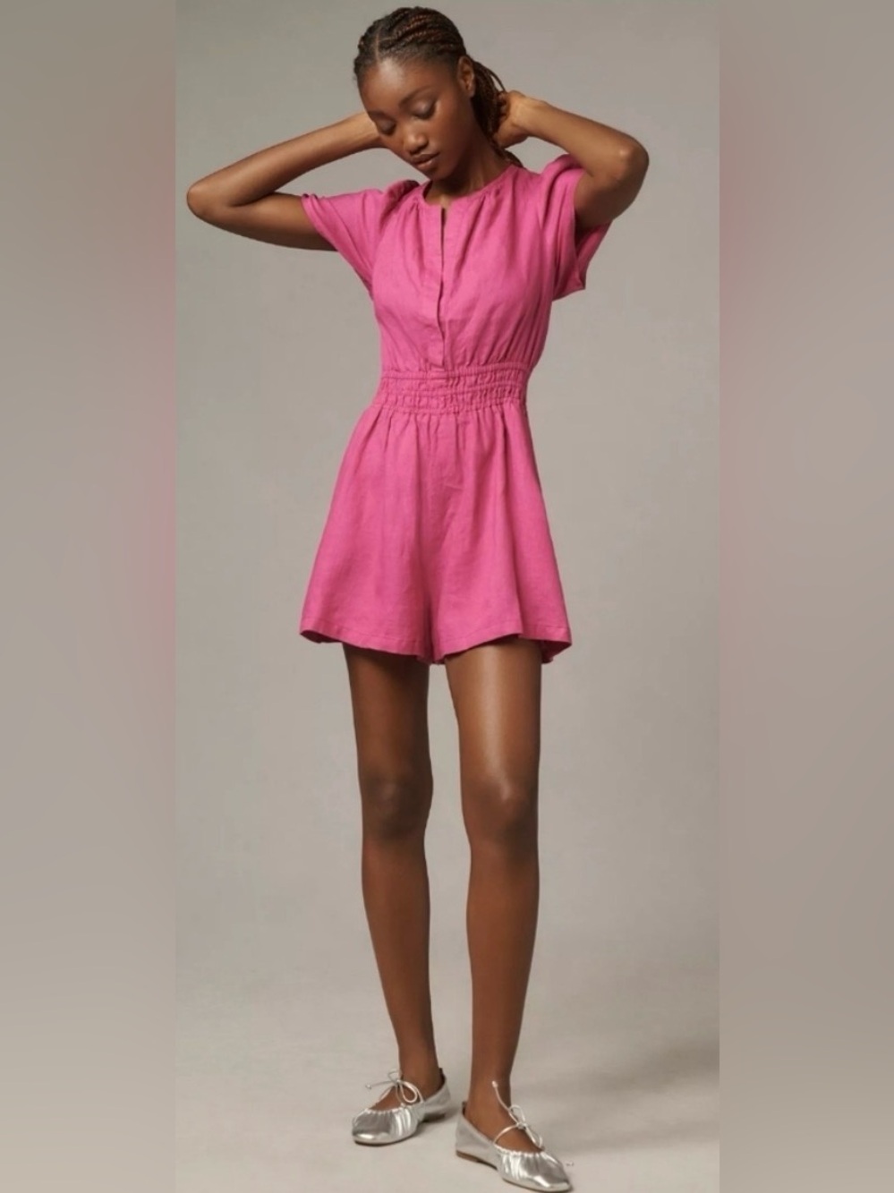 Anthropologie The Somerset Romper Linen Edition in Bright Pink